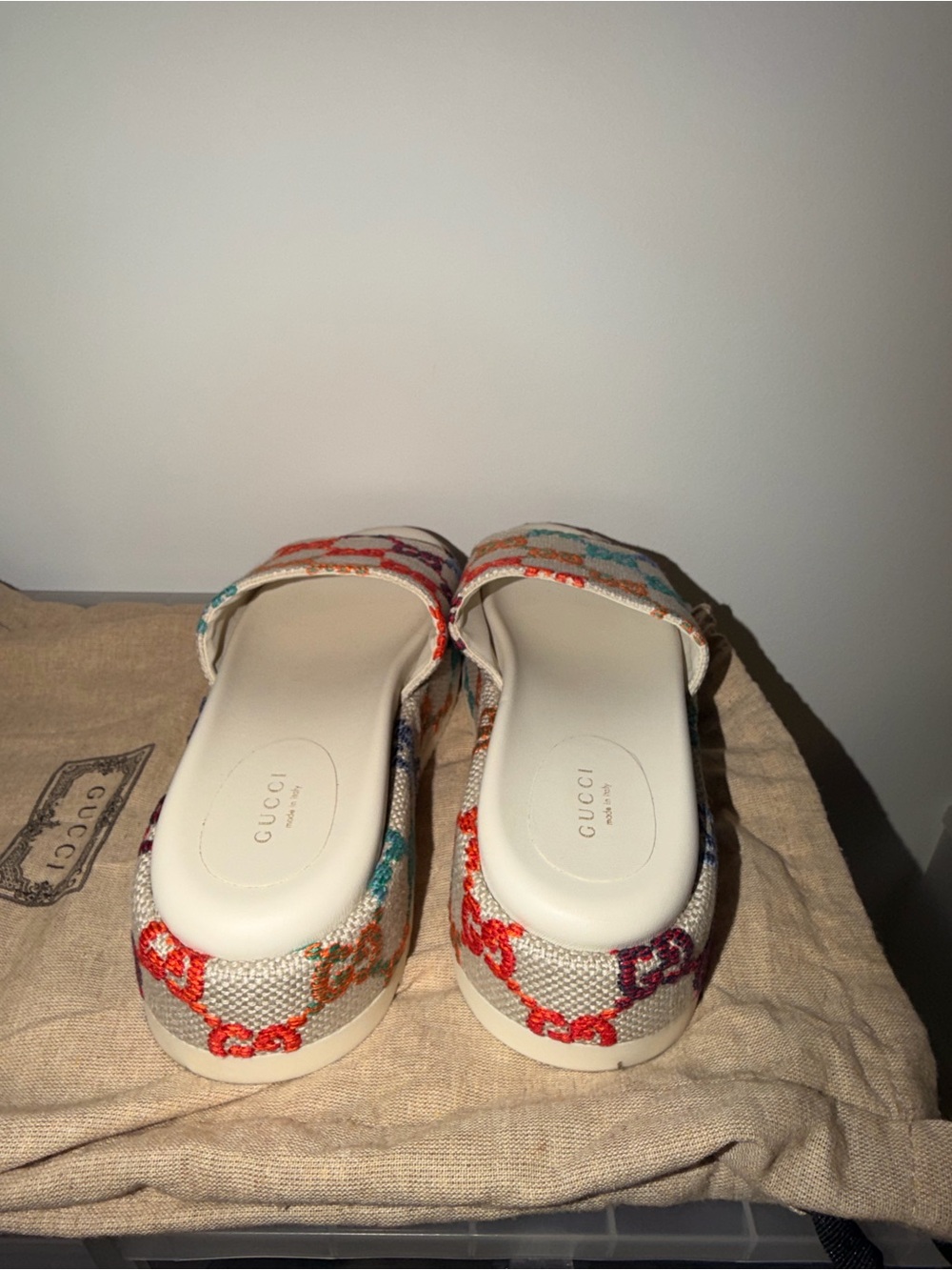 Authentic Gucci Cream Multicolor GG Embroidered Platform Slides - Picture 3 of 4